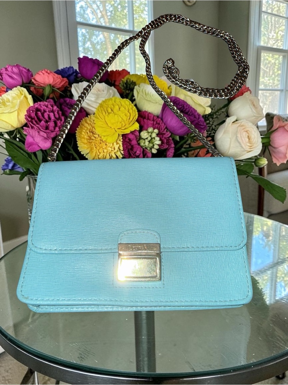 Furla Light Blue Mini Shoulder Bag with Chain Strap EUC